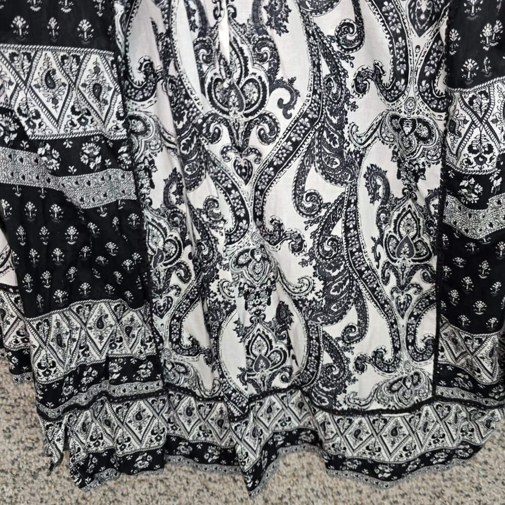 Lucky Brand Top Womens Medium Black Paisley Print Peasant Blouse Casual Neck Tie - Picture 5 of 7